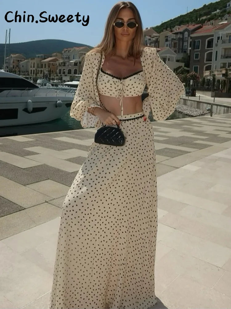 Polka Dot Lantern Sleeve Top & Skirt Set