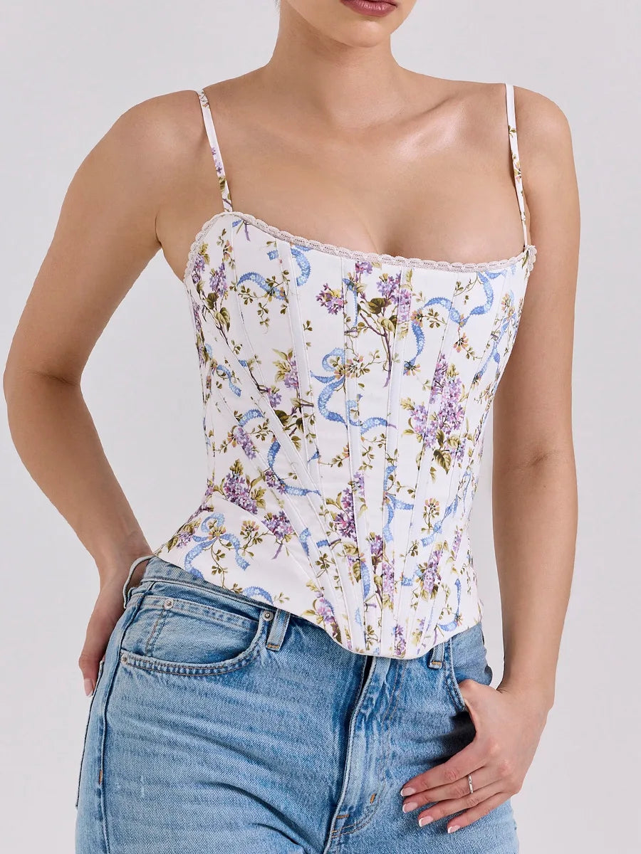 Printed Lace-Up Corset Top