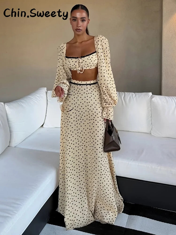 Polka Dot Lantern Sleeve Top & Skirt Set
