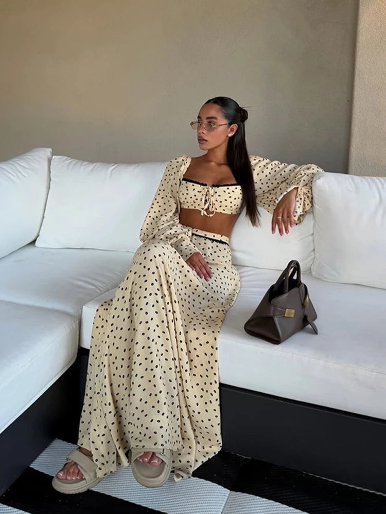 Polka Dot Lantern Sleeve Top & Skirt Set