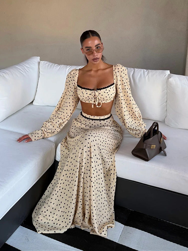 Polka Dot Lantern Sleeve Top & Skirt Set