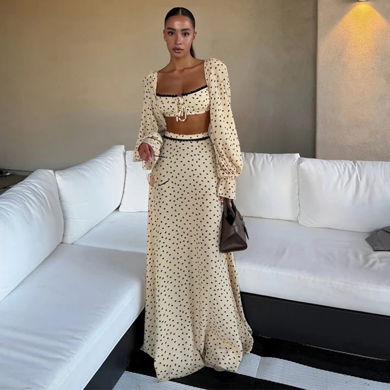 Polka Dot Lantern Sleeve Top & Skirt Set