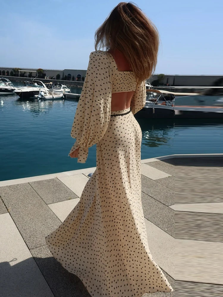 Polka Dot Lantern Sleeve Top & Skirt Set