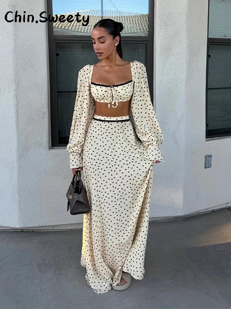Polka Dot Lantern Sleeve Top & Skirt Set